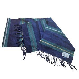 BEGG & CO Scarf Lambswool Angora Striped Blue/Green Fringed Scotland 70×12 Knit